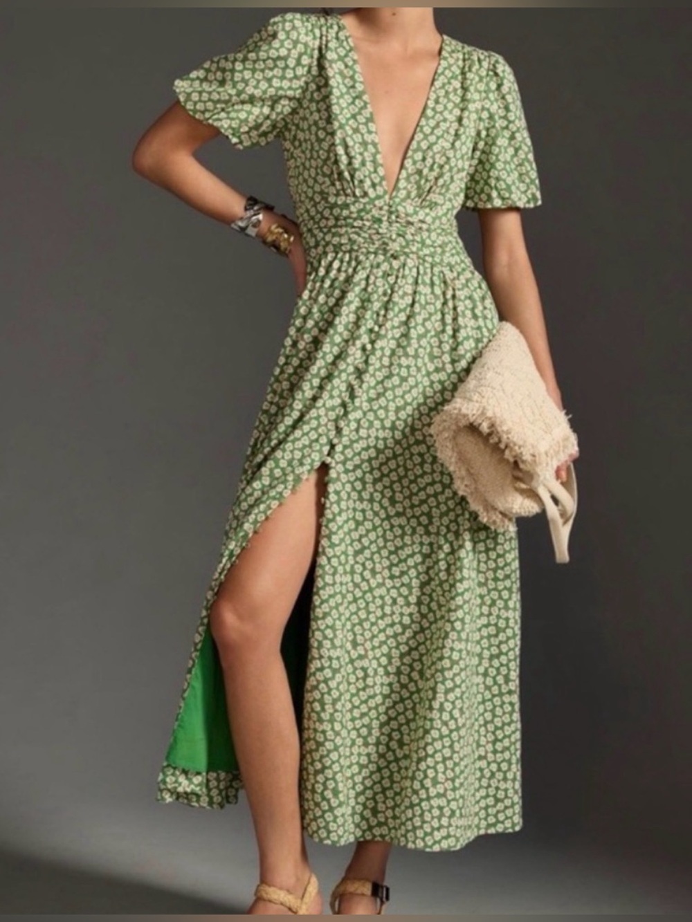 Anthropologie Light Green Floral Deep‑V Wrap Maxi Dress